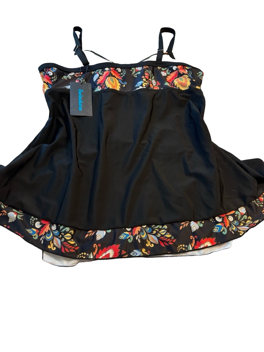 Black Floral Ruched 2 piece- Swimdress with Adjustable straps. - Picture 8 of 9